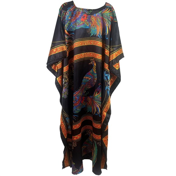 VTG Winlar Black Peacock Pheasant Phoenix Afghan Caftan One Size Fits Most - Picture 3 of 6